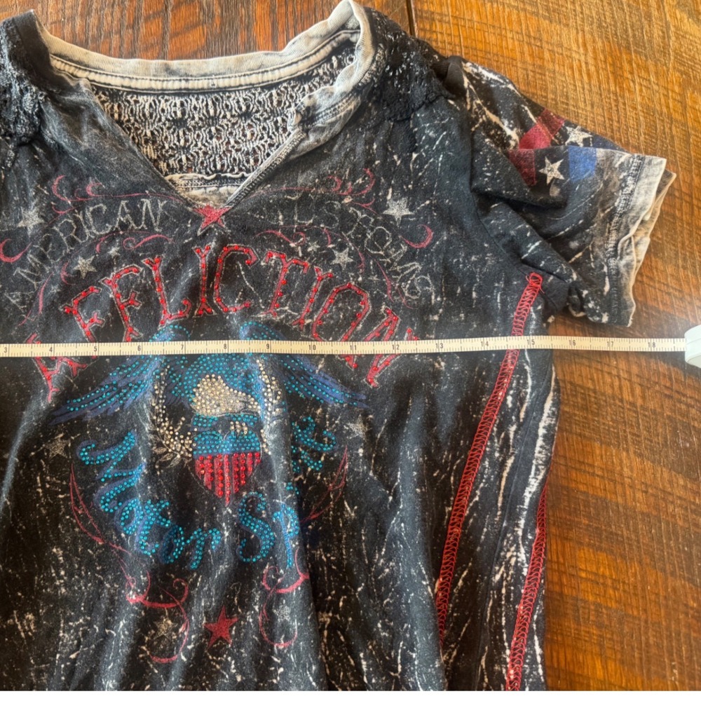 Y2K Affliction American Customs Graphic Tee Black Acid Wash Rhinestone Lace L - Picture 6 of 6